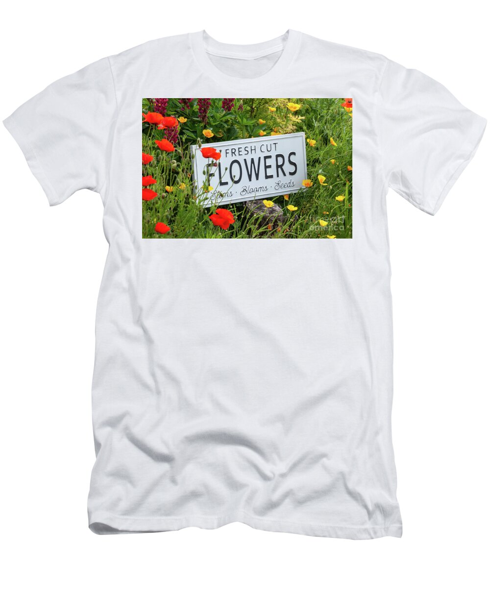 Flowers T-Shirt featuring the photograph Garden flowers with fresh cut flower sign 0765 by Simon Bratt