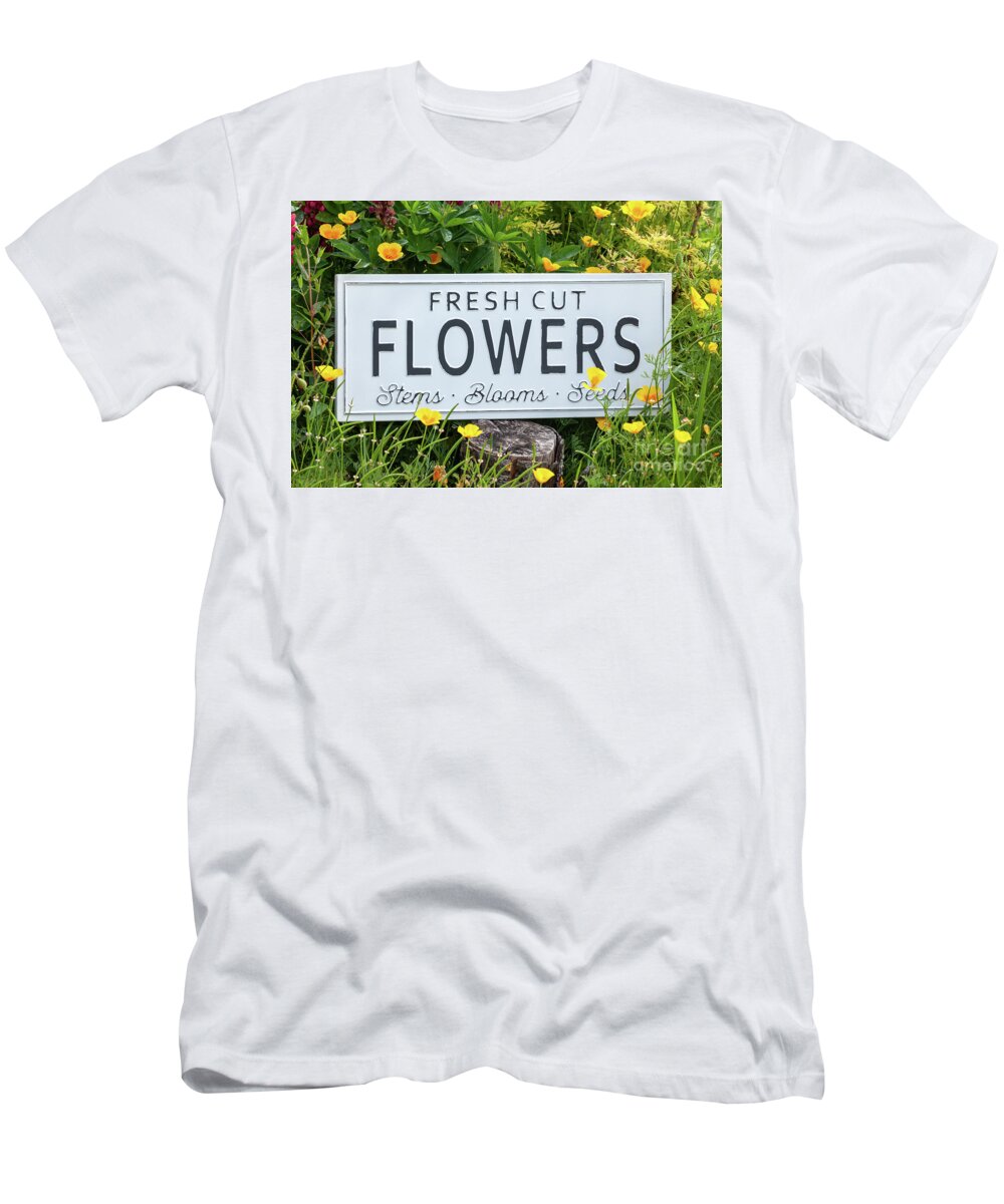Flowers T-Shirt featuring the photograph Garden flowers with fresh cut flower sign 0770 by Simon Bratt