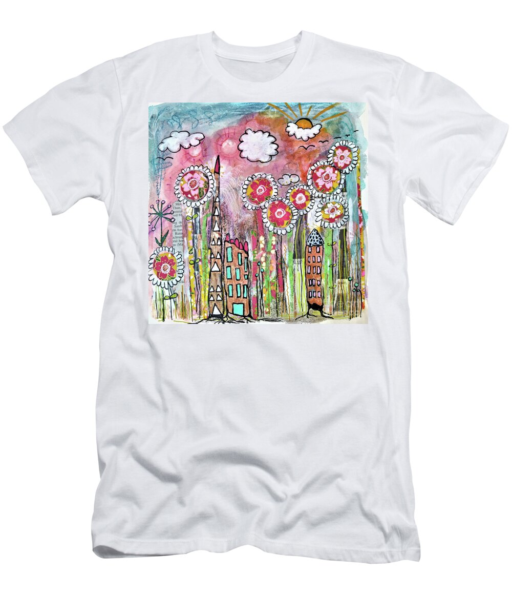 City T-Shirt featuring the mixed media Gartenstadt - Garden Town by Mimulux Patricia No