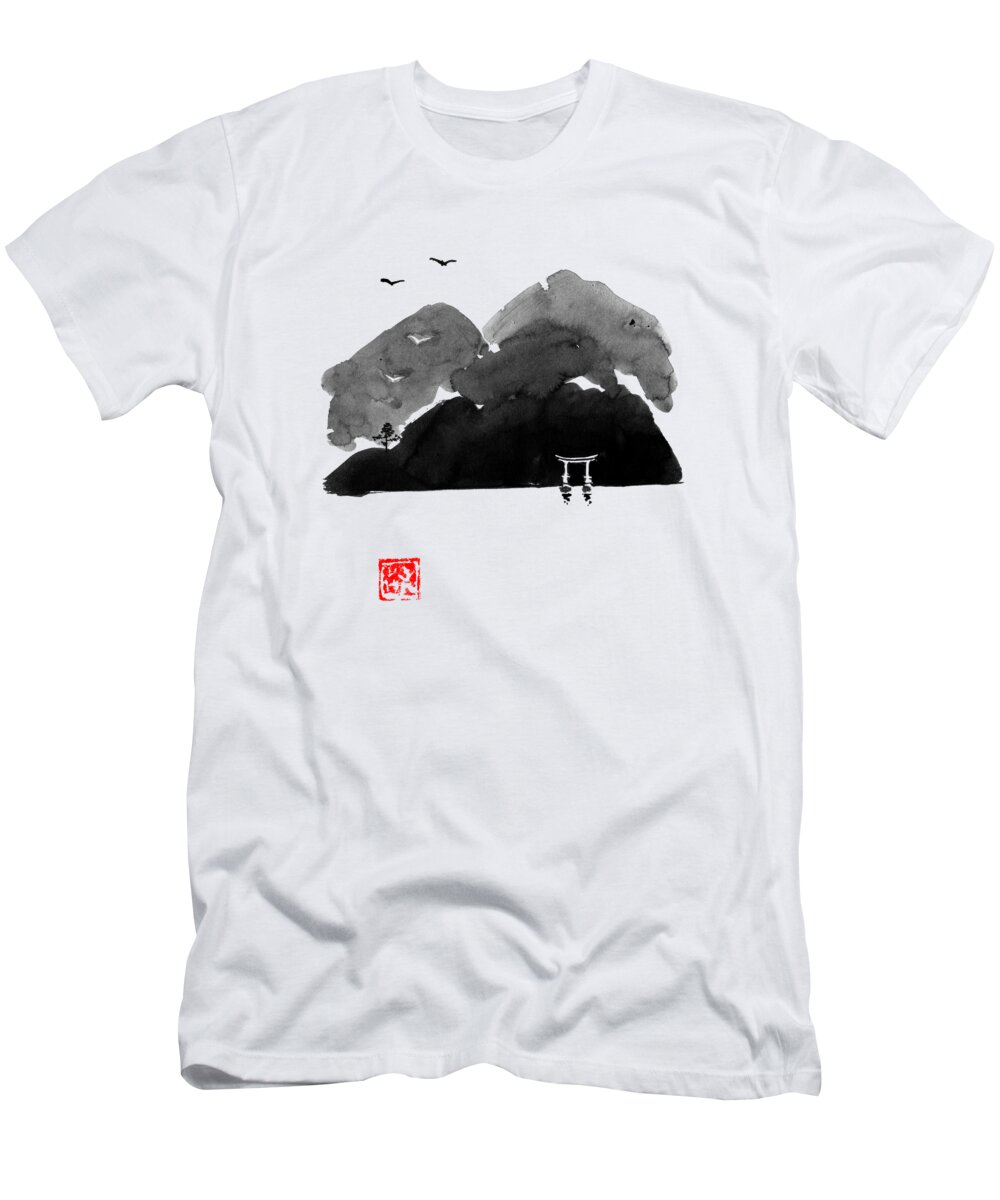 Monster T-Shirt featuring the drawing Gate Of Mountain by Pechane Sumie