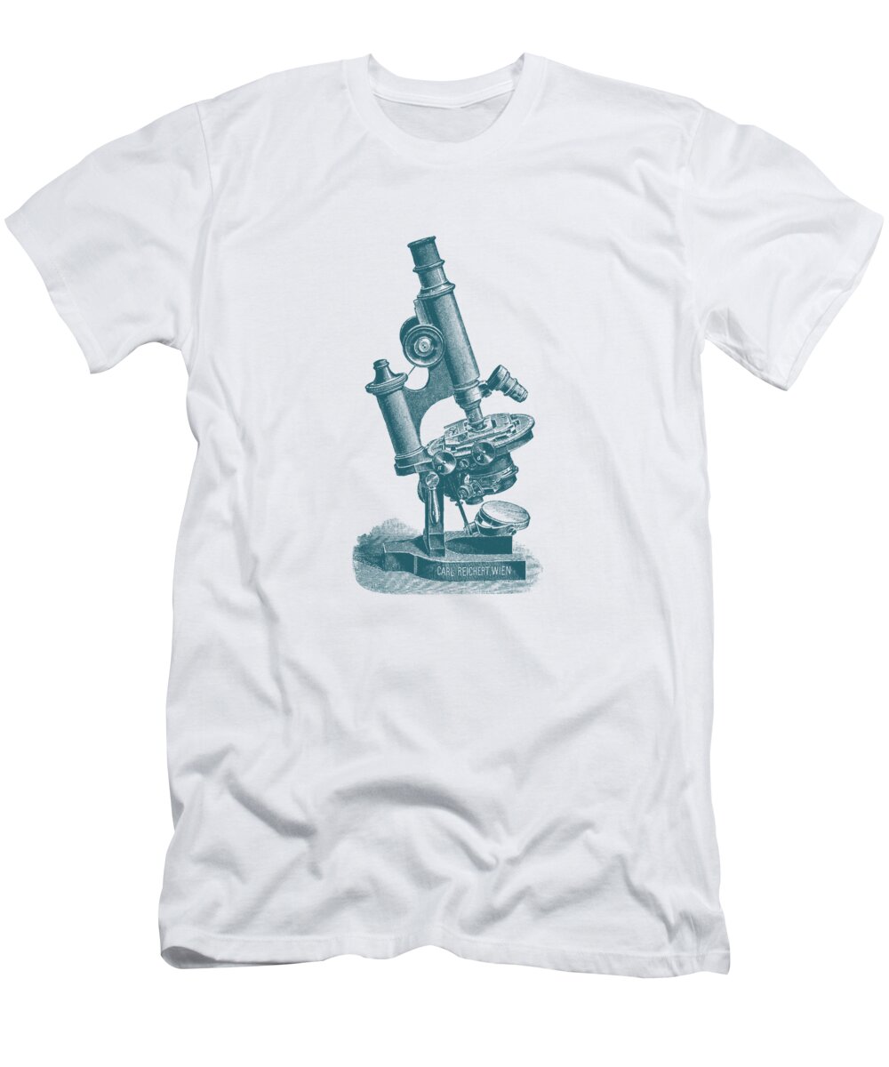 Microscope T-Shirt featuring the digital art Geeky Microscope In Blue And Cream by Madame Memento
