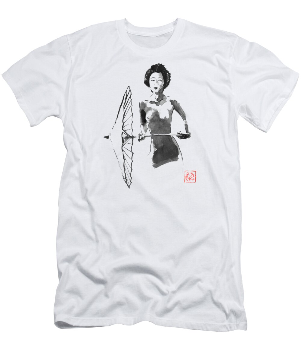 Sumie T-Shirt featuring the drawing Geisha Nude And Umbrella by Pechane Sumie