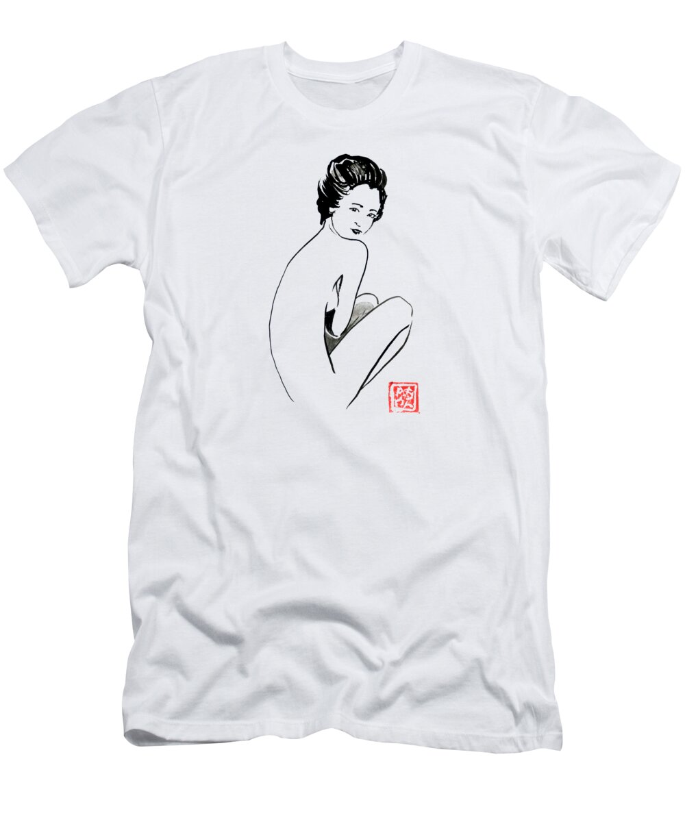 Geisha T-Shirt featuring the drawing Geisha Nude Back by Pechane Sumie
