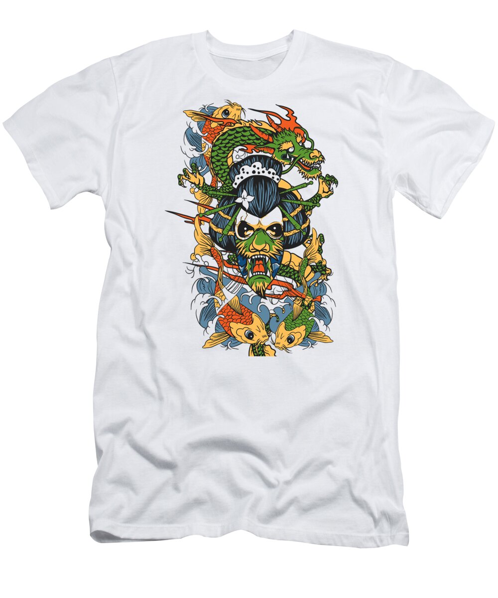 Japanese T-Shirt featuring the digital art Geisha Skull Koi Fish Dragon by Jacob Zelazny