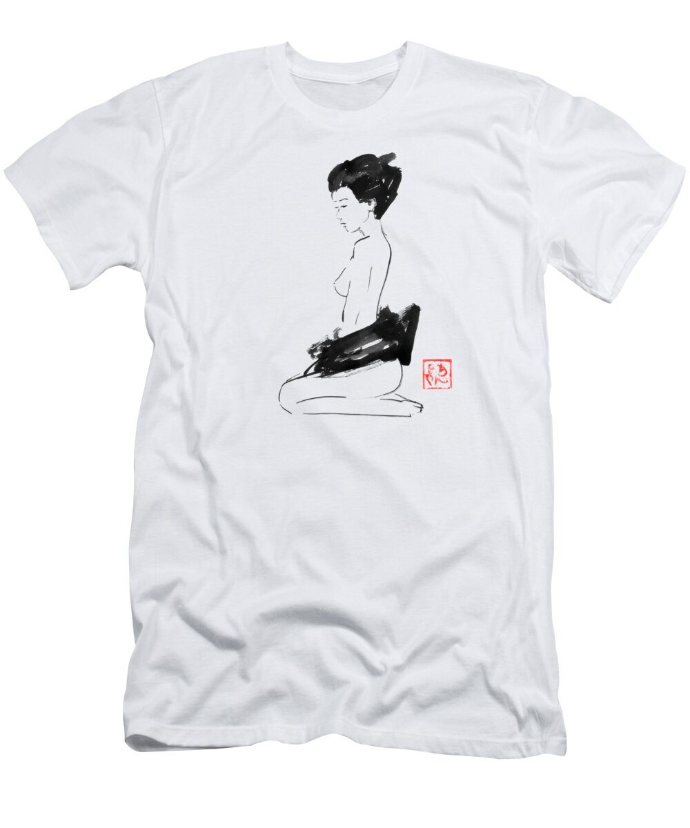 Geisha T-Shirt featuring the drawing Geisha Undressed by Pechane Sumie