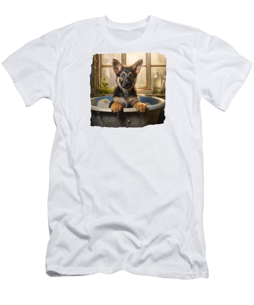 Geramn Shepherd T-Shirt featuring the digital art German Shepherd Puppy in a Bathtub 02 by Elisabeth Lucas