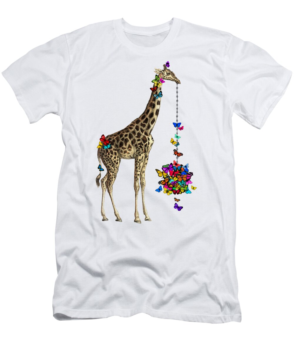 Giraffe T-Shirt featuring the digital art Giraffe with colorful rainbow butterflies by Madame Memento
