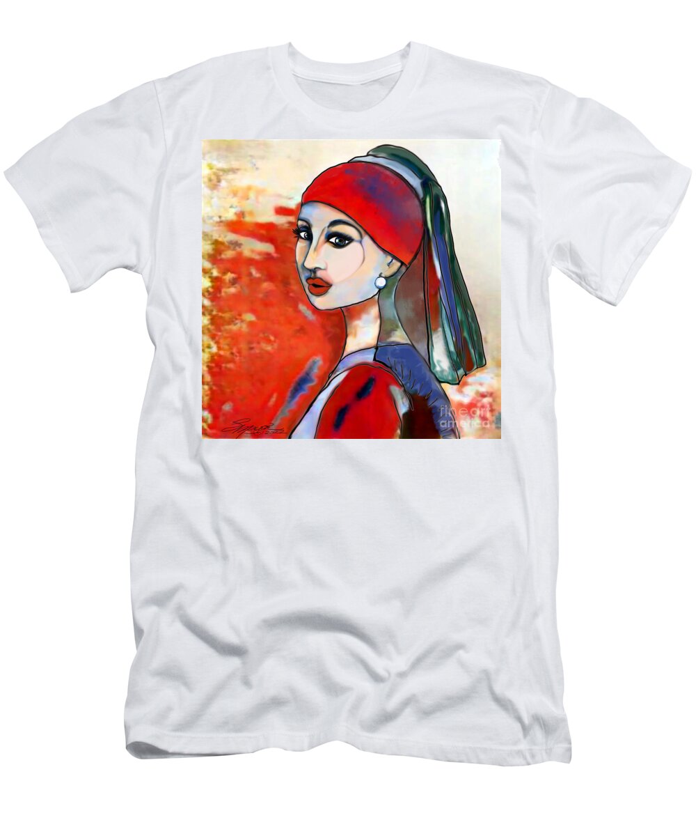 Figurative Art T-Shirt featuring the digital art Girl with Pearl 001 by Stacey Mayer
