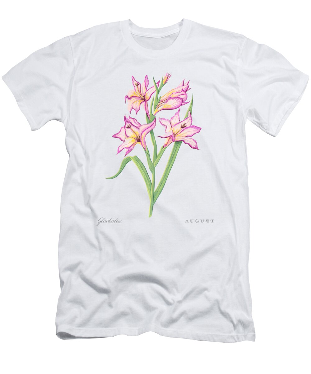 Gladiolus T-Shirt featuring the painting Gladiolus August Birth Month Flower Botanical Print on White - Art by Jen Montgomery by Jen Montgomery
