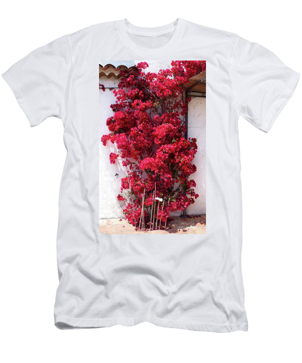 Background T-Shirt featuring the photograph Glowing red bougainvillea in front of a white wall by Jean-Luc Farges