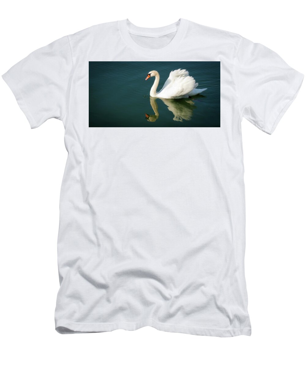 Swan T-Shirt featuring the photograph Graceful white swan floating by Tatiana Travelways