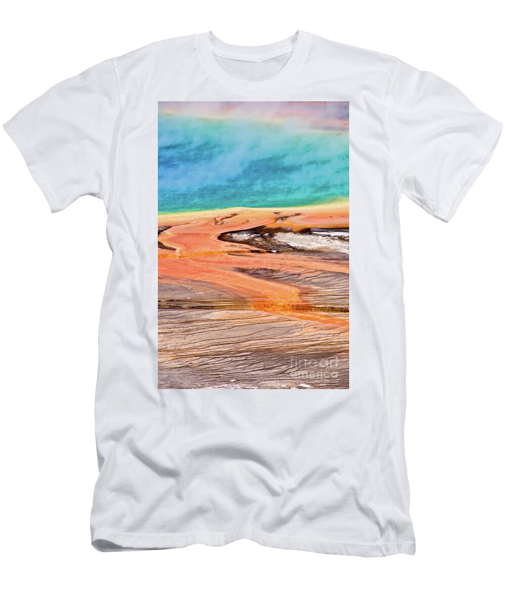 Yellowstone T-Shirt featuring the photograph Grand Prismatic spring Yellowstone vertical by Delphimages Photo Creations