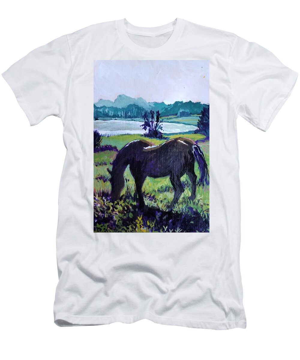 Grazing T-Shirt featuring the painting Grazing Stallion by Tilly Strauss