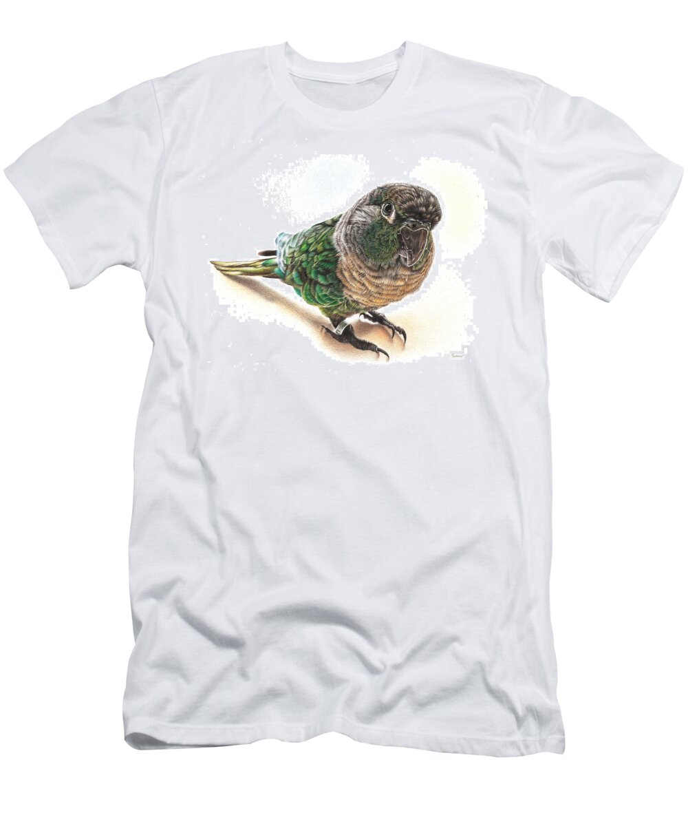 Parrot T-Shirt featuring the drawing Green Cheek Conure by Casey 'Remrov' Vormer