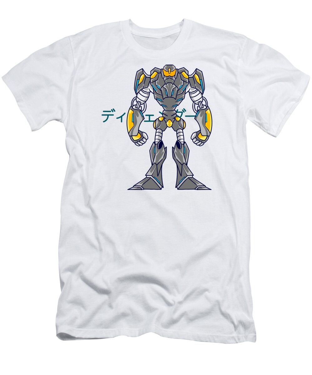 Japan T-Shirt featuring the digital art Grey Mecha Robot Anime Art, Cartoon Mech Suit by Amusing DesignCo
