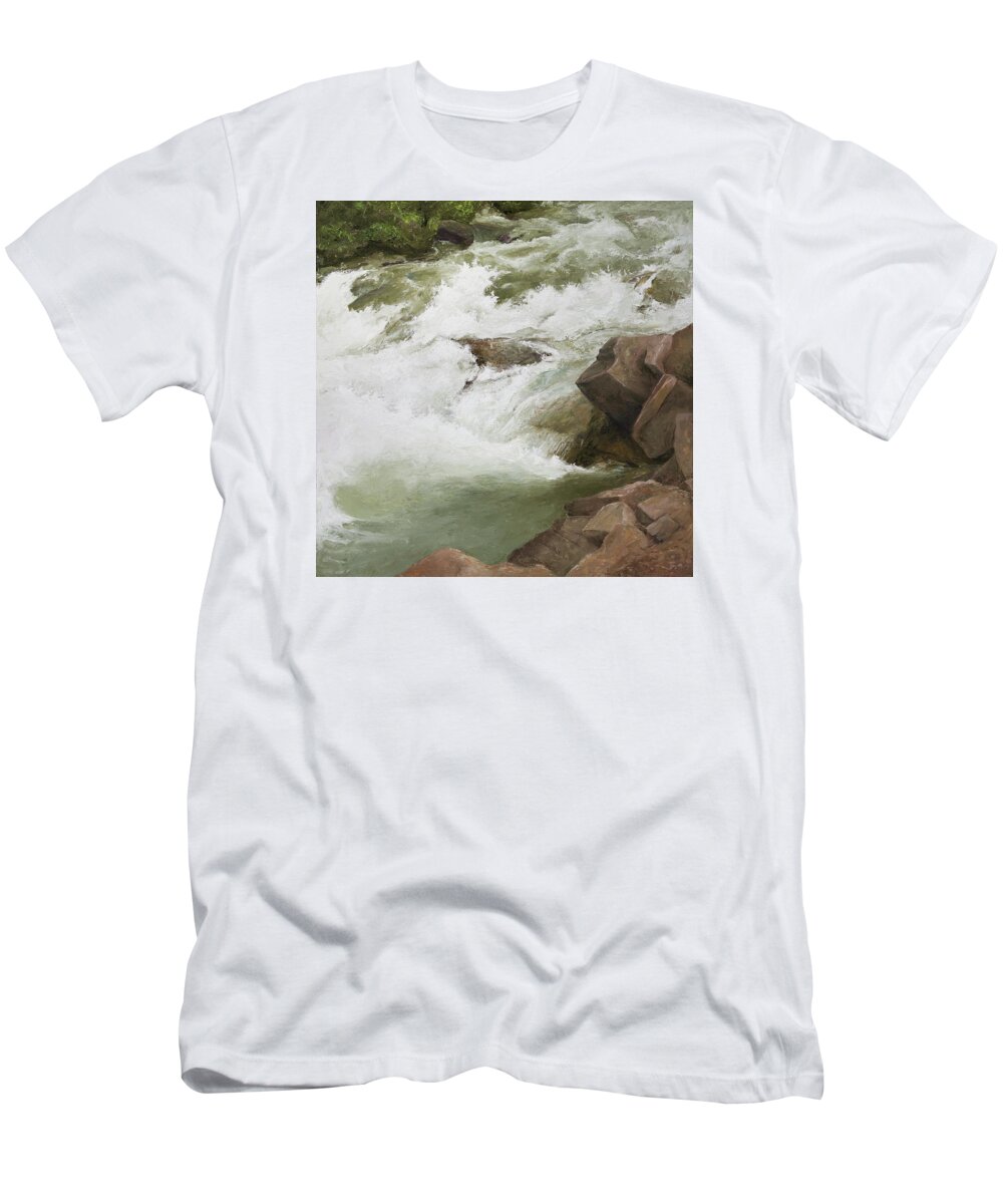 Grizzly Creek T-Shirt featuring the painting Grizzly Creek Spring Melt White Water by Hone Williams