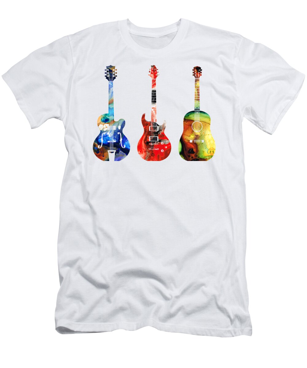 Guitar T-Shirt featuring the painting Guitar Threesome - Colorful Guitars By Sharon Cummings by Sharon Cummings