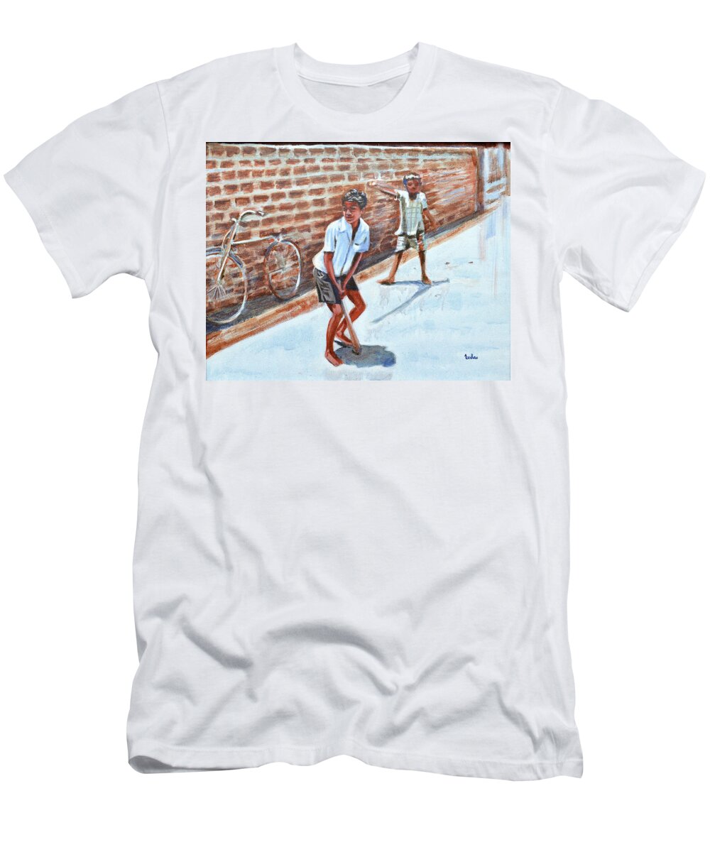 Gully T-Shirt featuring the painting Gully Cricket by Usha Shantharam