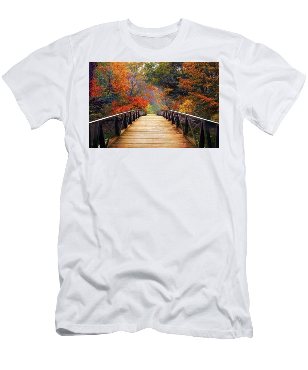 Autumn Footbridge T-Shirt featuring the photograph Wondrous Woodland Crossing by Jessica Jenney