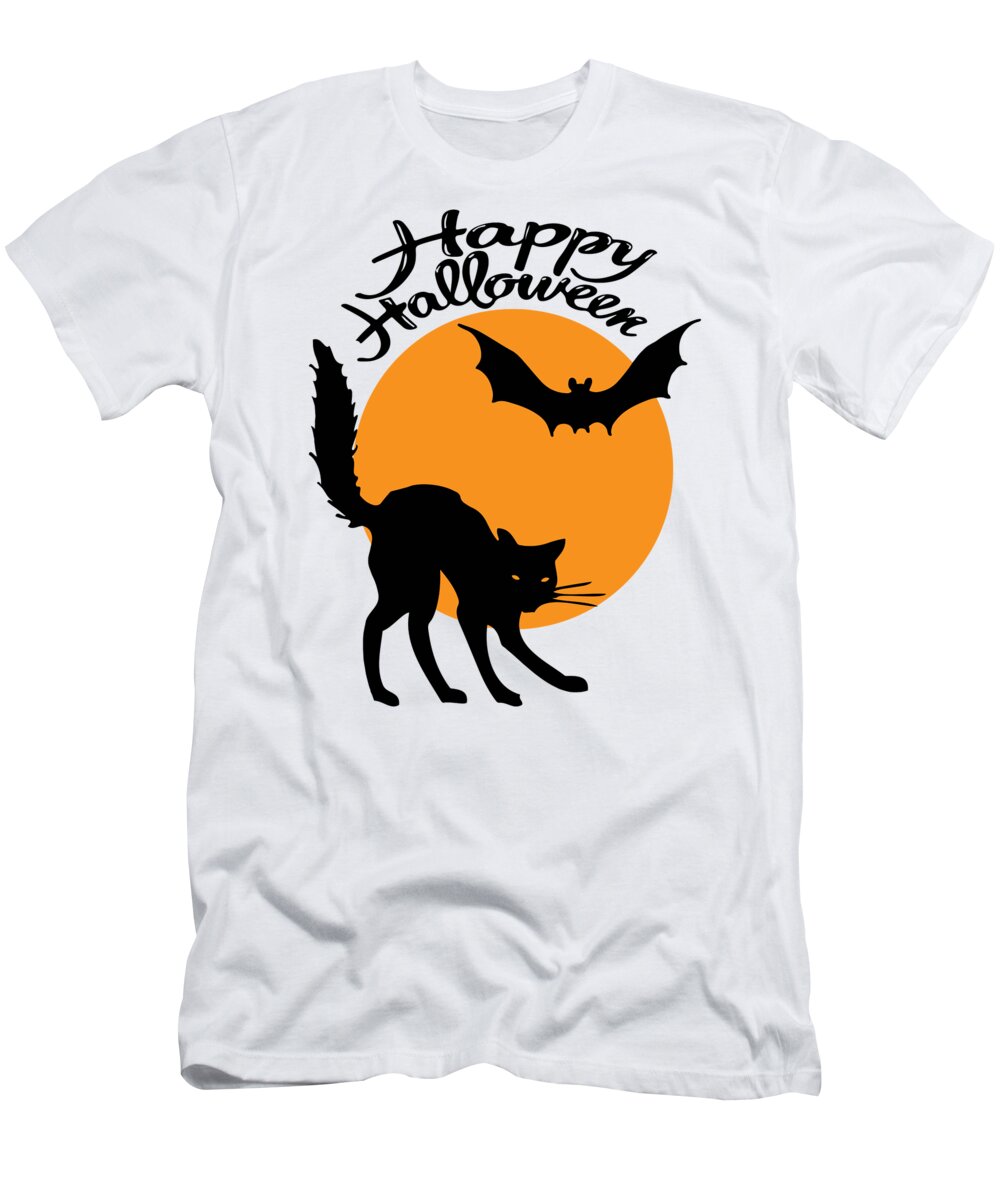 Halloween T-Shirt featuring the drawing Halloween black cat and bat with orange moon clipart illustration, happy halloween by Mounir Khalfouf