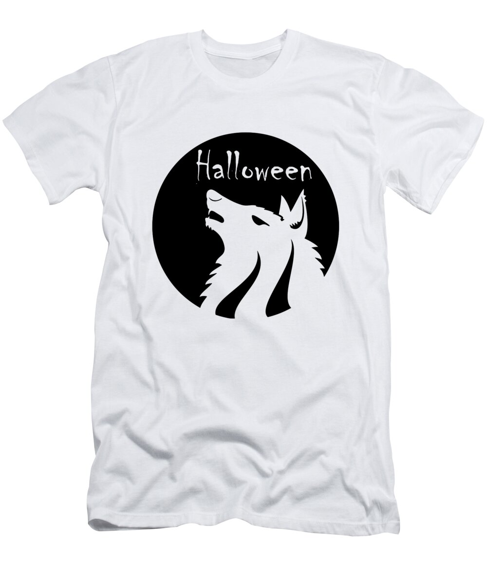 Animal T-Shirt featuring the digital art Halloween Wolf Monochrome, Black And White Transparent Vector Graphic Design by Mounir Khalfouf