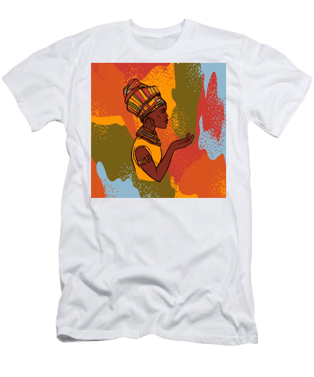 Background T-Shirt featuring the drawing Hand Drawn African Woman Portrait, Black Girl Magic African American Heritage Pride In Black History by Mounir Khalfouf