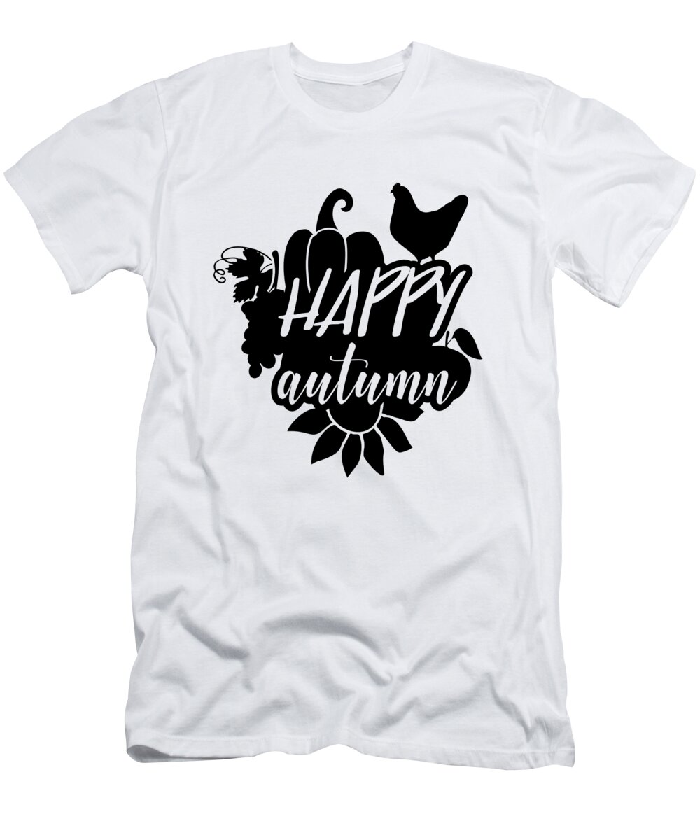 Fresh Farm Pumpkins T-Shirt featuring the digital art Happy Autumn Pumpkin Chicken Grapes Sunflower Apple by Jacob Zelazny