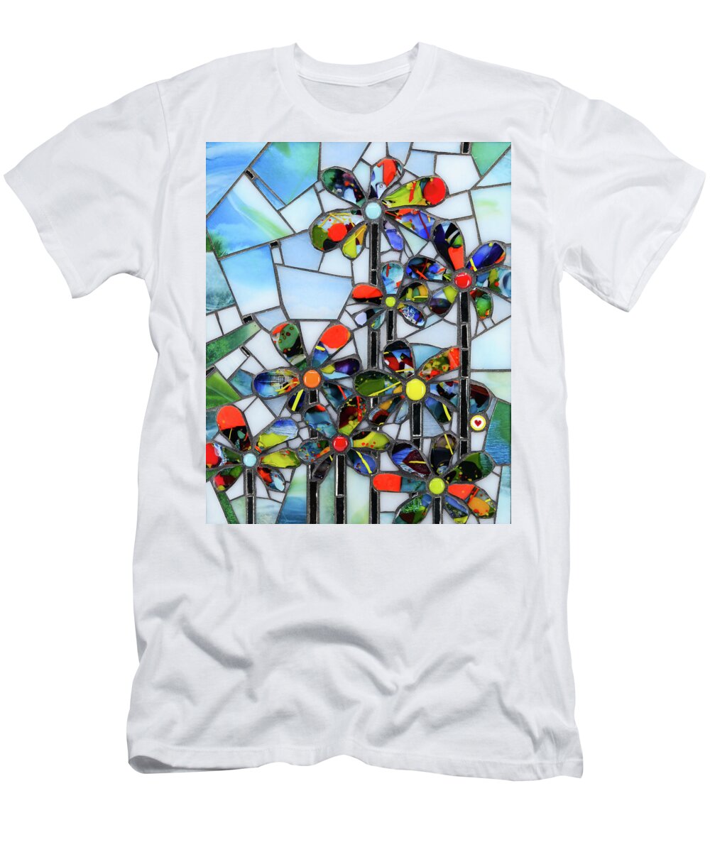 Mosaic T-Shirt featuring the glass art Happy Daisies by Cherie Bosela