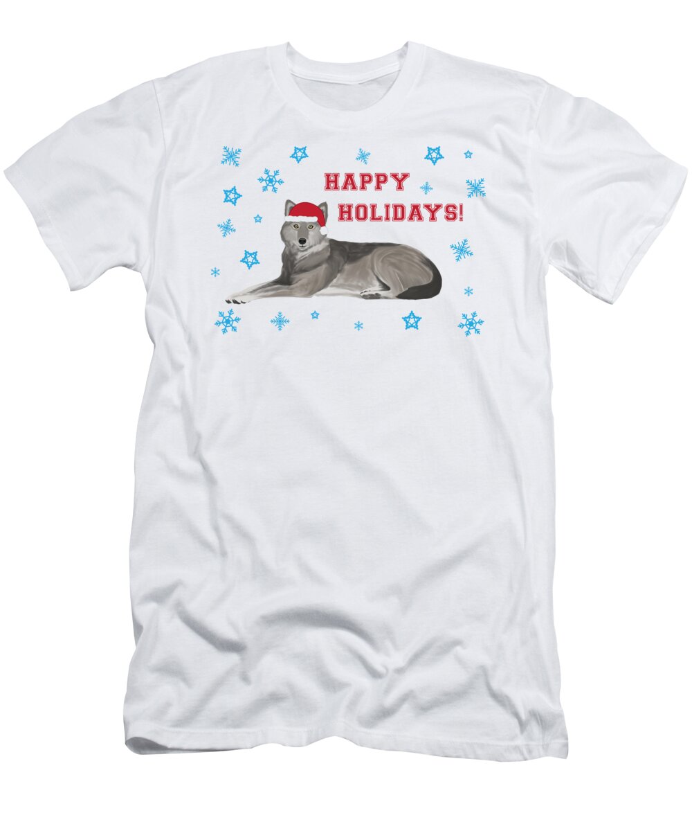 Happy Holidays T-Shirt featuring the digital art Happy Holidays Wolf by College Mascot Designs