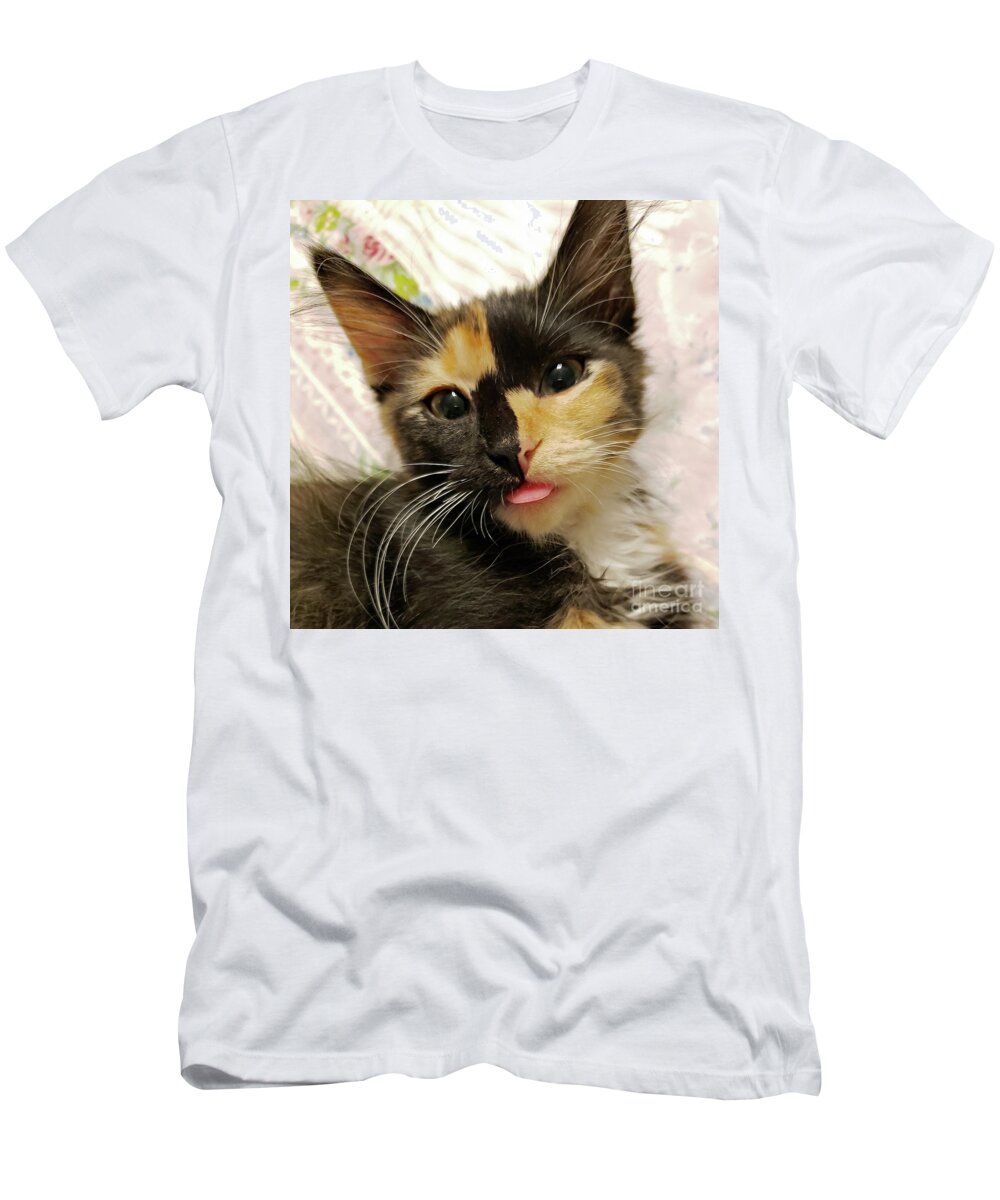 Kitten; Cute Kitten; Cat; Cute Cat; Tortoiseshell; Calico; Cute; Animal; Pet; Funny; Tongue; Silly; Happy; Square T-Shirt featuring the photograph Harlequin by Tina Uihlein