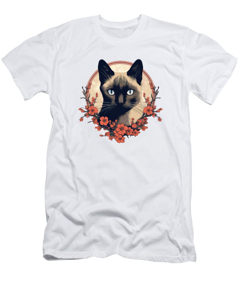 Siamese T-Shirt featuring the digital art Hibiscus Siamese Cat by Elisabeth Lucas