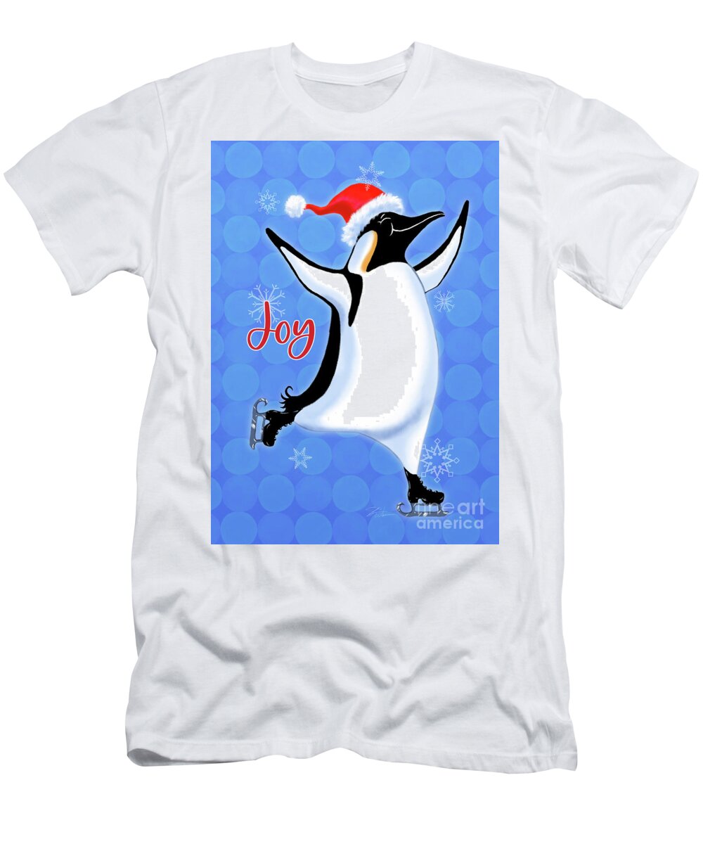 Christmas T-Shirt featuring the mixed media Holiday Penguins-Joy by Shari Warren
