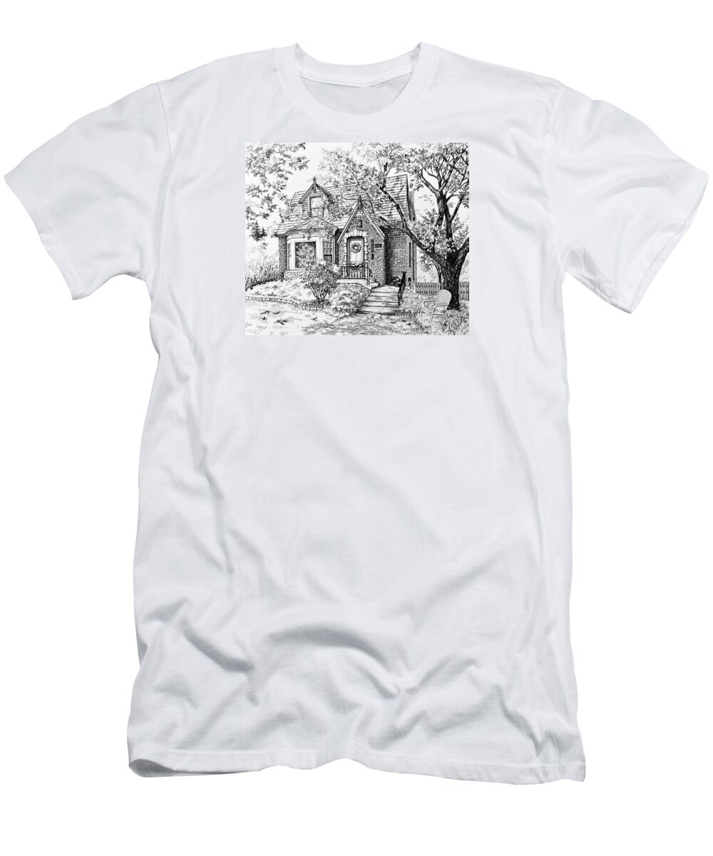 Home Portrait In Pen And Ink On Illustration Board T-Shirt featuring the drawing Home Sweet Home by Mary Palmer