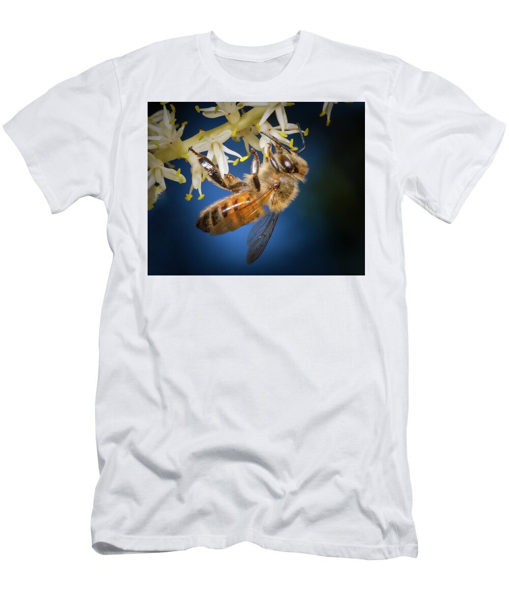 Bee T-Shirt featuring the photograph Honey Bee in Blue by Mark Andrew Thomas