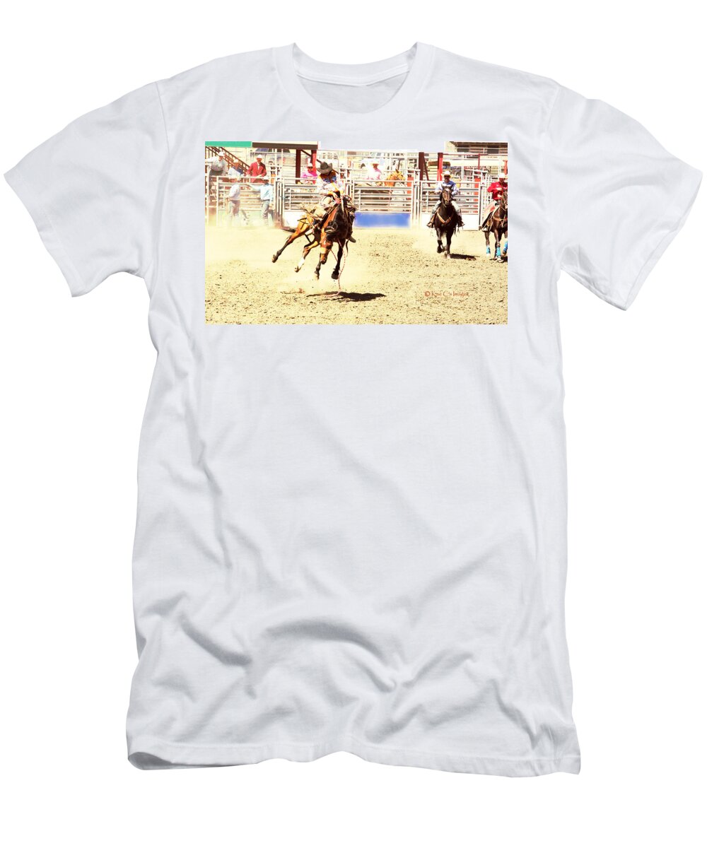 Horse Ride T-Shirt featuring the mixed media Hot Bronc Ride by Kae Cheatham