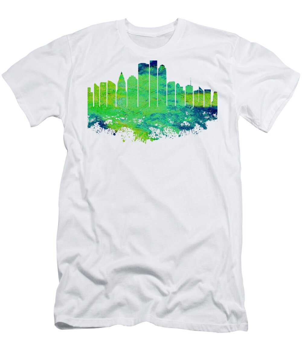 Houston T-Shirt featuring the digital art Houston City Skyline - Lime Green Watercolor on White Background by SP JE Art