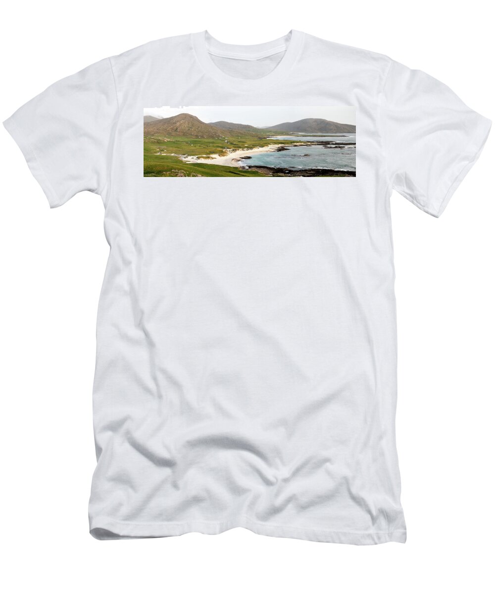Panorama T-Shirt featuring the photograph Ilse of Barra coast Outer Hebrides Scotland by Sonny Ryse