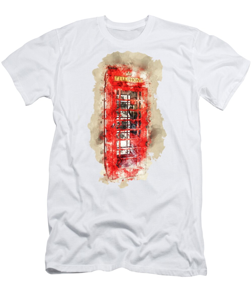 London T-Shirt featuring the photograph Immobile phone, red phone box watercolor by Delphimages London Photography
