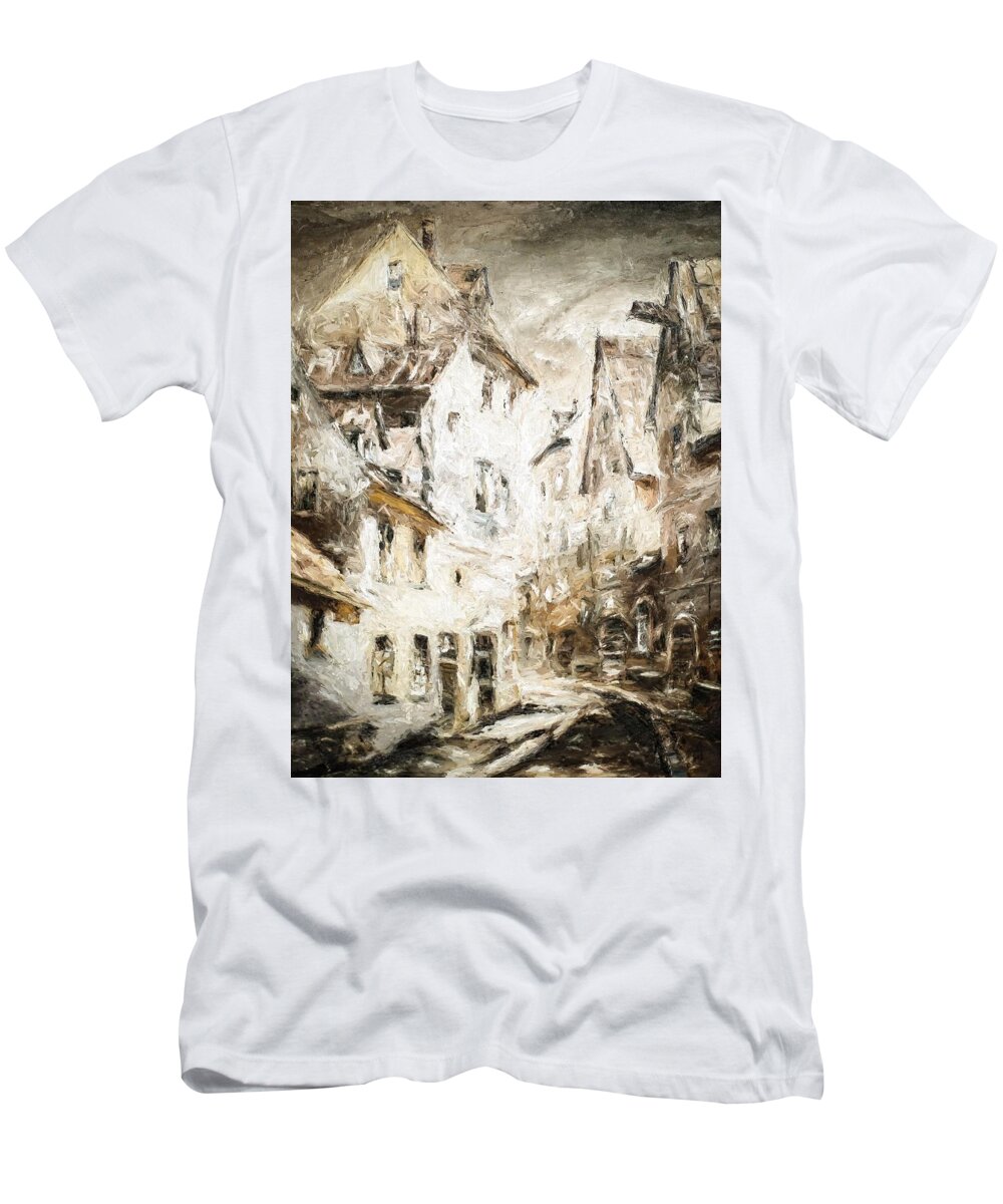 Artwork T-Shirt featuring the mixed media In the narrow streets of Riga I am waiting for you again by Aleksandrs Drozdovs