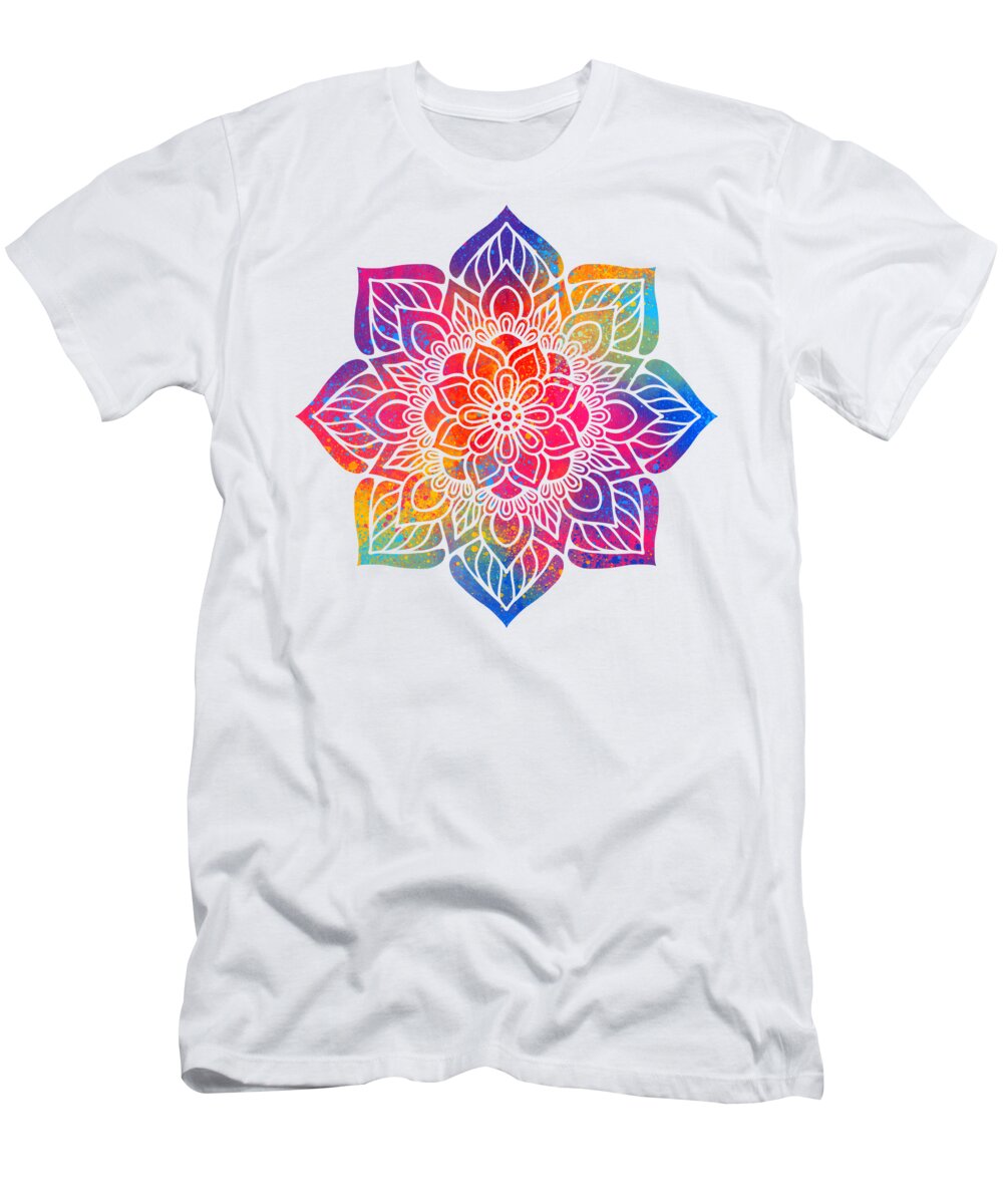 Colorful T-Shirt featuring the digital art Intaran - Colorful Vibrant Rainbow Mandala Pattern by Sambel Pedes