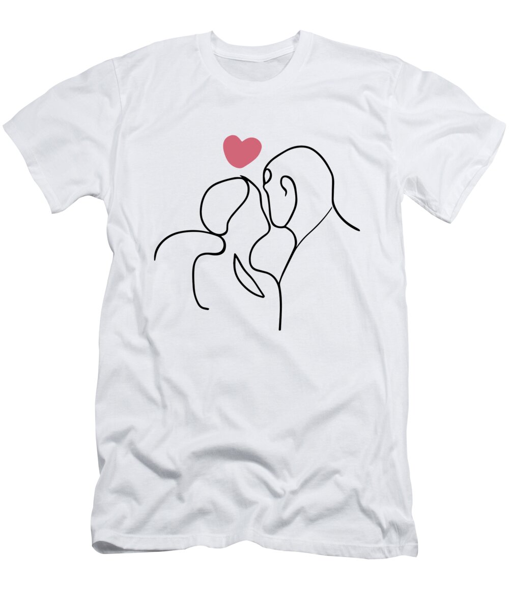 Intimate Art T-Shirt featuring the drawing Intimate Art Couple Kiss Line Art Romance Love Minimalist Couple Line Art by Mounir Khalfouf