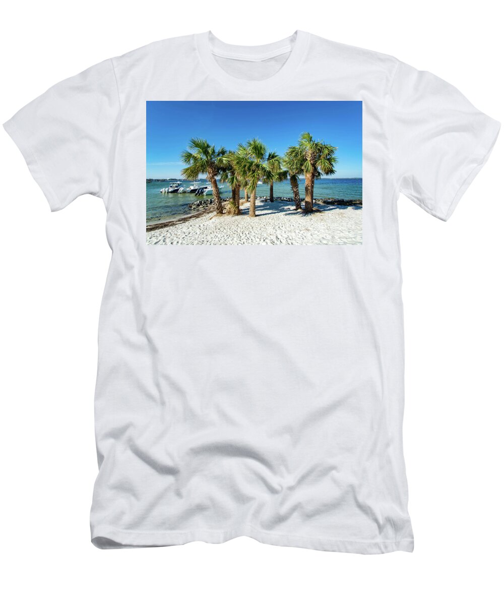 Island T-Shirt featuring the photograph Island Palm Trees and Boats, Pensacola Beach, Florida by Beachtown Views