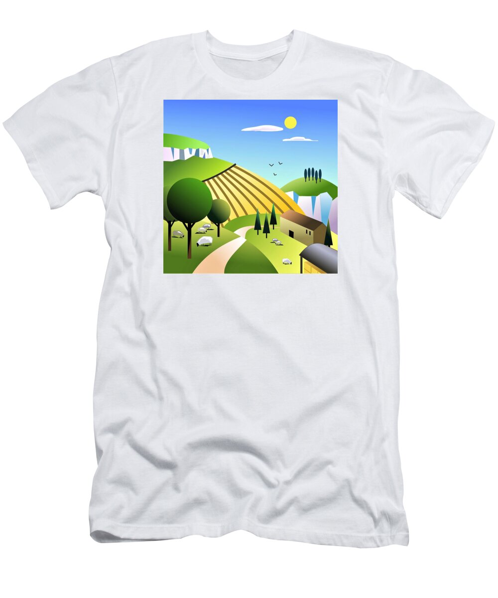 Landscape T-Shirt featuring the digital art Joe's Farm by Fatline Graphic Art