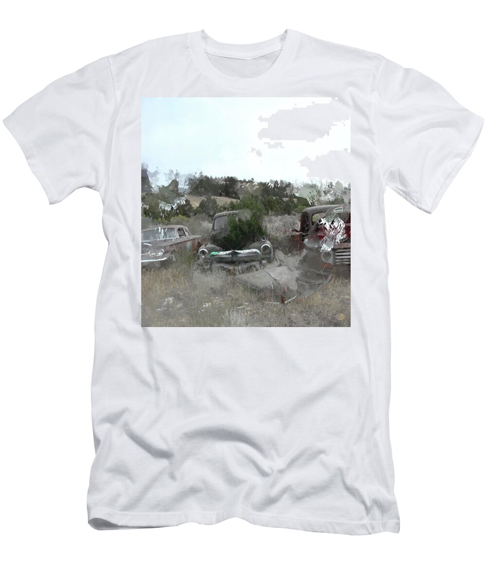 Junkyard Scene T-Shirt featuring the photograph Junked trucks 1214 by Cathy Anderson