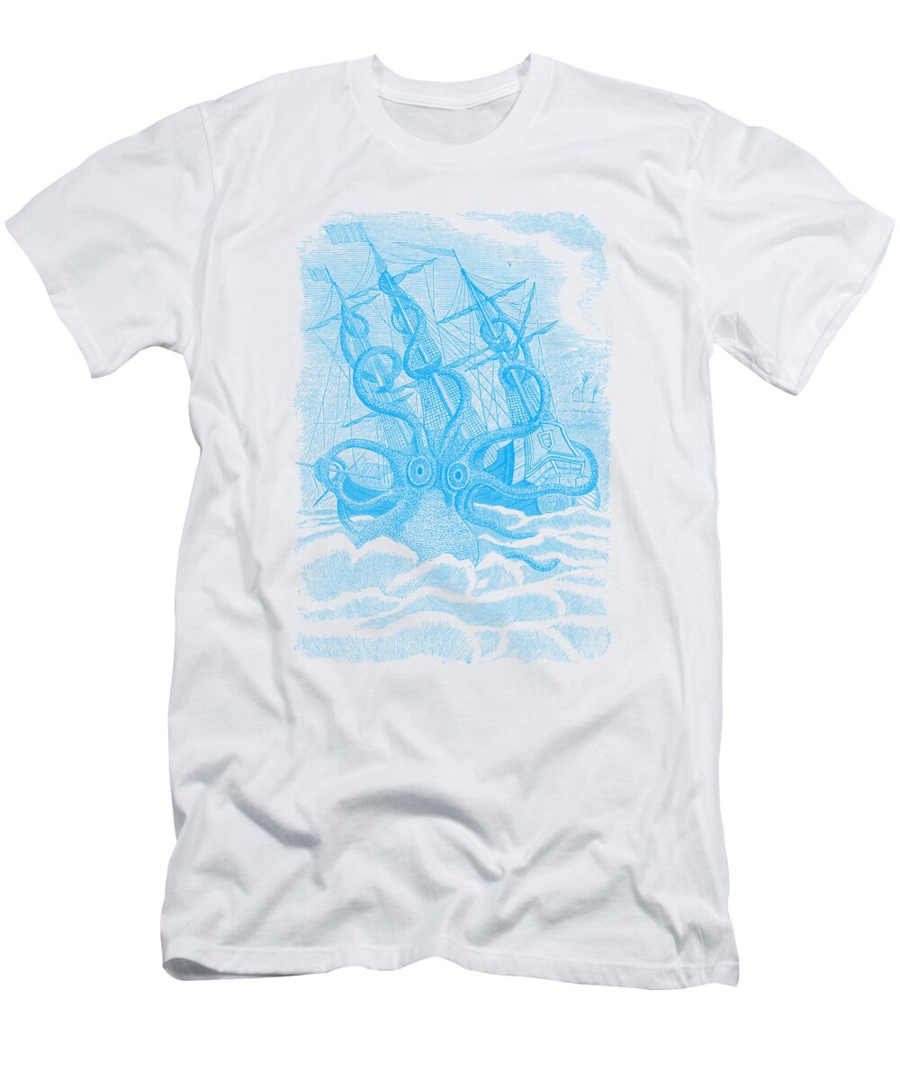 Kraken T-Shirt featuring the digital art Kraken With Shipwreck by Madame Memento