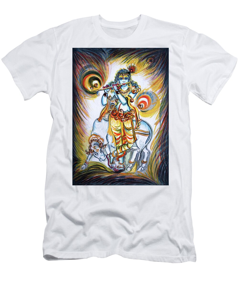 Krishna T-Shirt featuring the painting Krishna - Flute - Cow by Harsh Malik