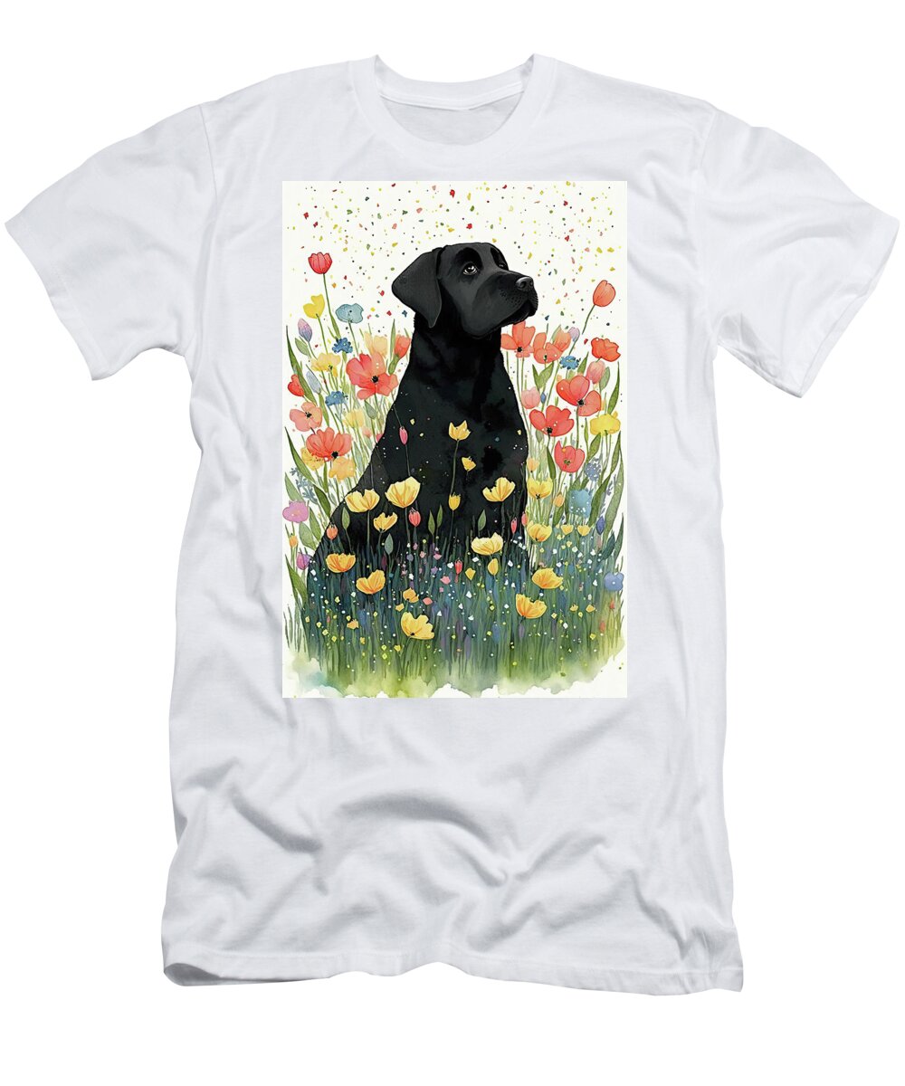 Labrador Retriever T-Shirt featuring the digital art Labrador retriever in flower field 2 by Debbie Brown