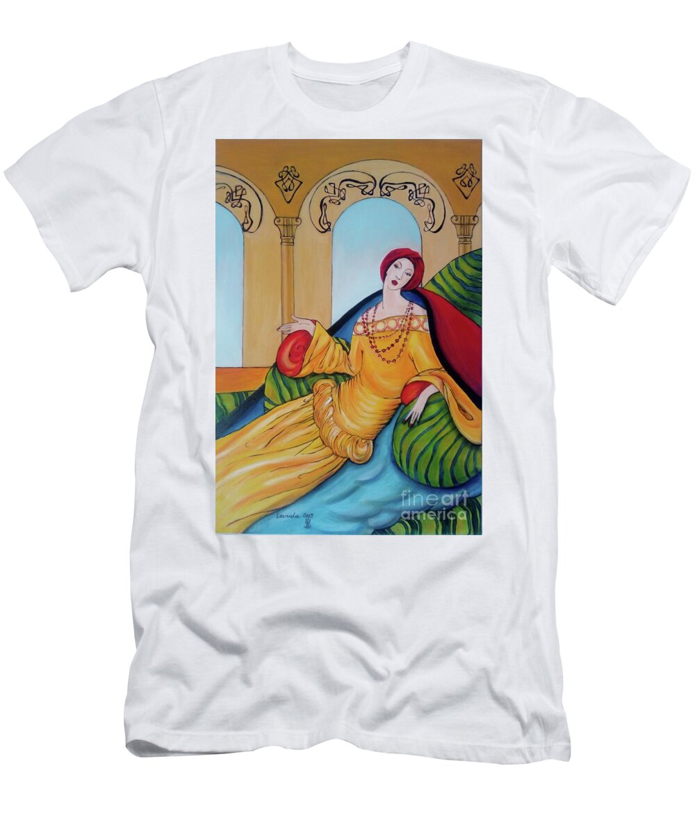 Lady T-Shirt featuring the painting Lady in Pillows by Leonida Arte