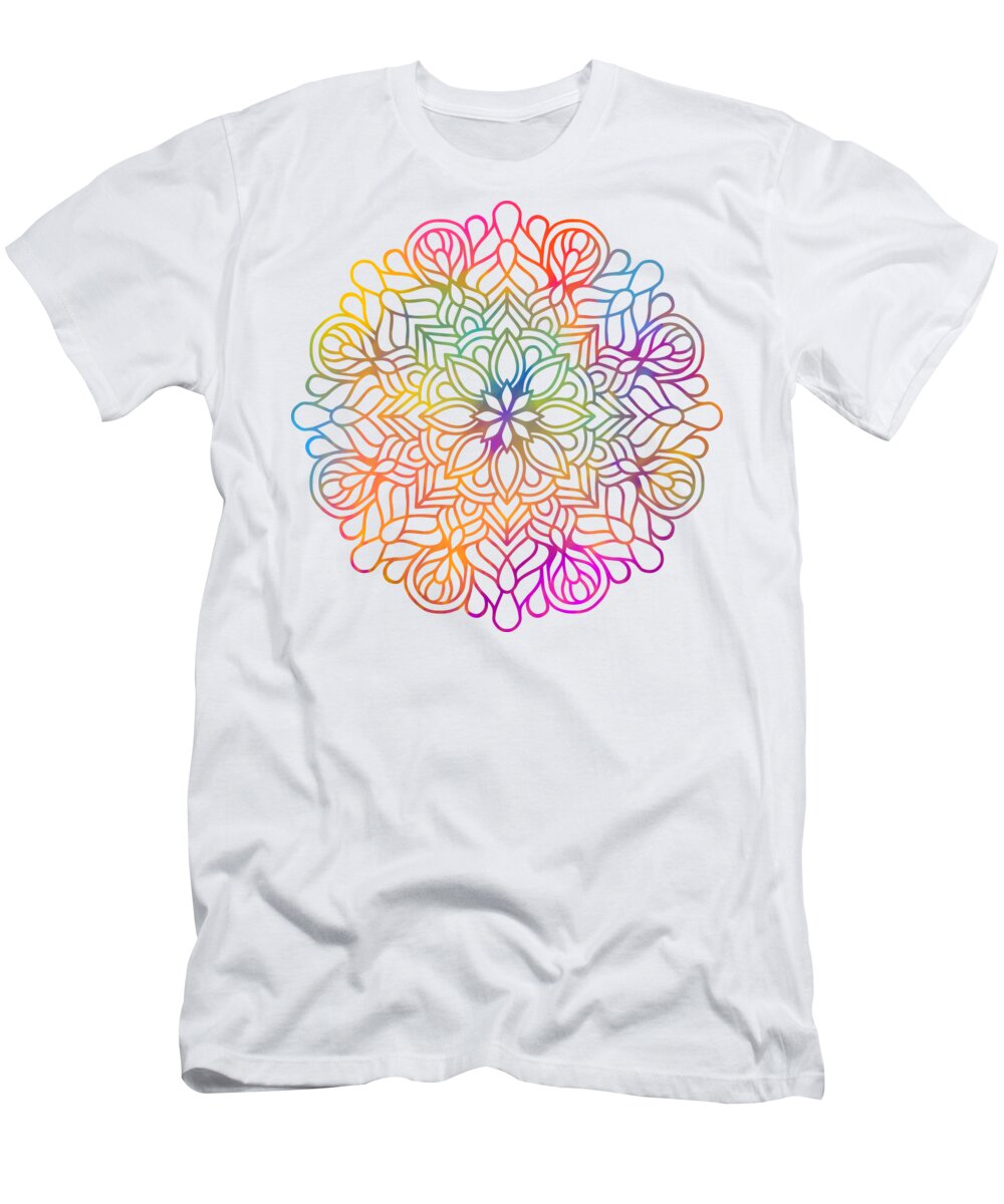 Colorful T-Shirt featuring the digital art Lanjalan - Colorful Vibrant Rainbow Mandala Pattern by Sambel Pedes