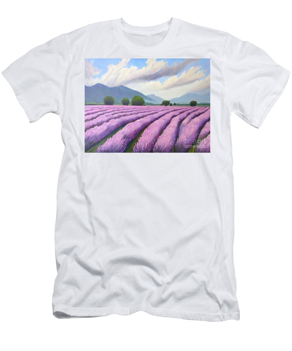 Rain T-Shirt featuring the painting Lavendel Fields Painting rain france provence lavendel fields mo by N Akkash